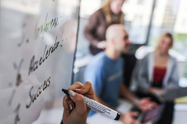 Team brainstorming around whiteboard