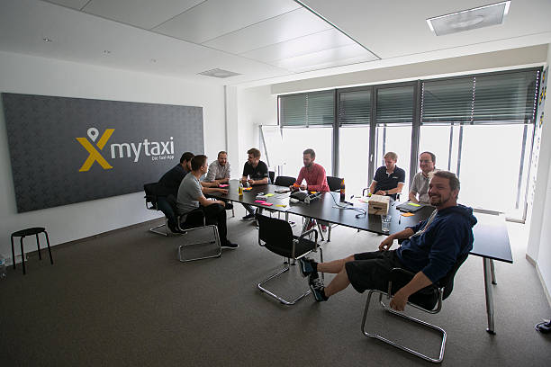 Team brainstorming around table