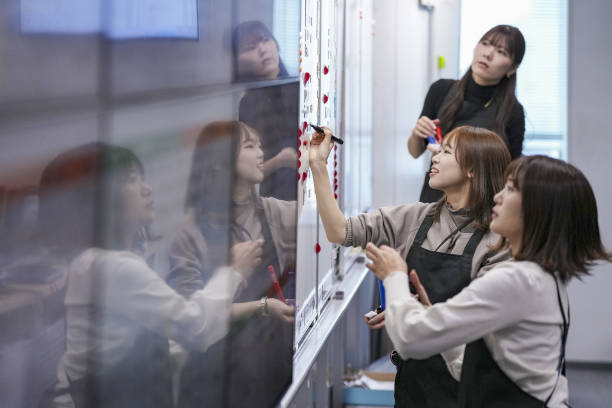Team brainstorming around whiteboard
