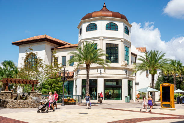 Families in downtown plaza